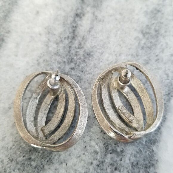 Vintage OPER Signed Retro Blue Enamel Post Earrings, 80s Design, Silver Tone - Picture 2 of 6